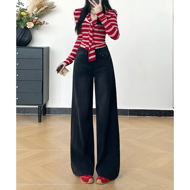 乔栈秋冬新款复古黑色解构设计直筒牛仔裤女高腰宽松显瘦垂感阔腿