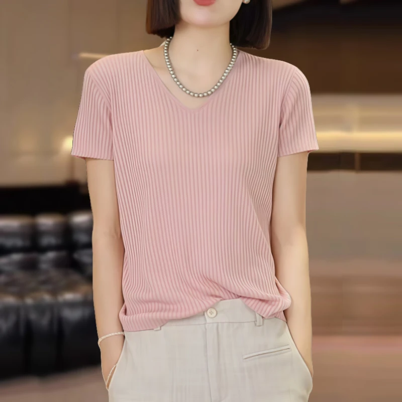夏日必备清凉薄款V领短袖T恤女韩系简约休闲百搭显瘦套头针织衫