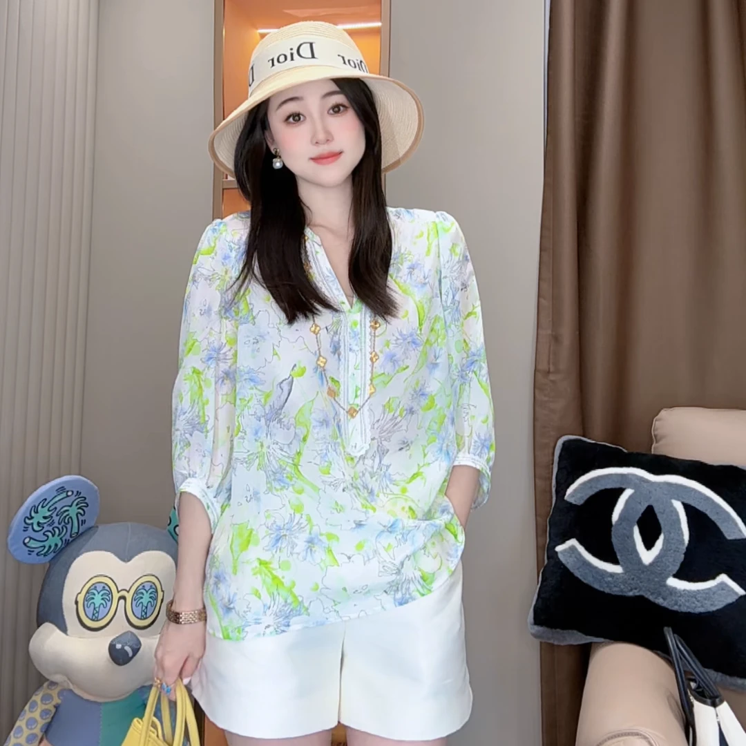 【丝芙玉禄】（F915）100真丝双绉印花夏季时尚显瘦桑蚕丝t恤上衣