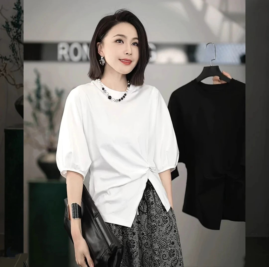 【个性风潮】圆领不规则剪裁显瘦简约百搭短袖T恤女夏休闲爆款上衣