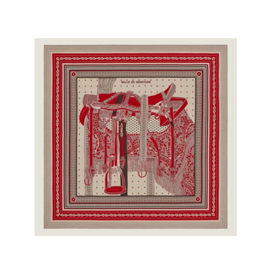 未使用 Hermes/爱马仕 【小花念念】“高贵马鞍 ” 140披肩 红色