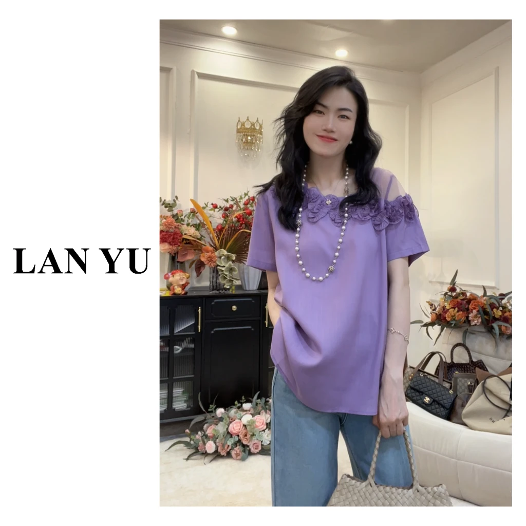 【花蕊】夏日度假巴黎风领口花瓣拼蕾丝短袖上衣欧若风小衬衫