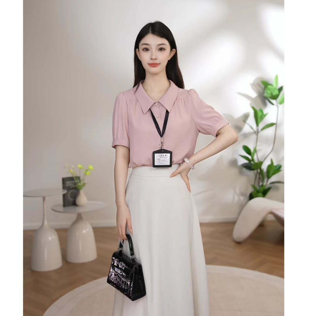 【曼贝】2025新款粉色爆款上衣百搭时尚短袖衬衫8592326【珮珮】