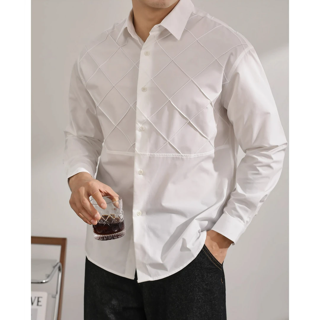 奥兰德保罗莱塞尔轻薄衬衫男款纯色菱形格设计感长袖衬衣翻领上衣