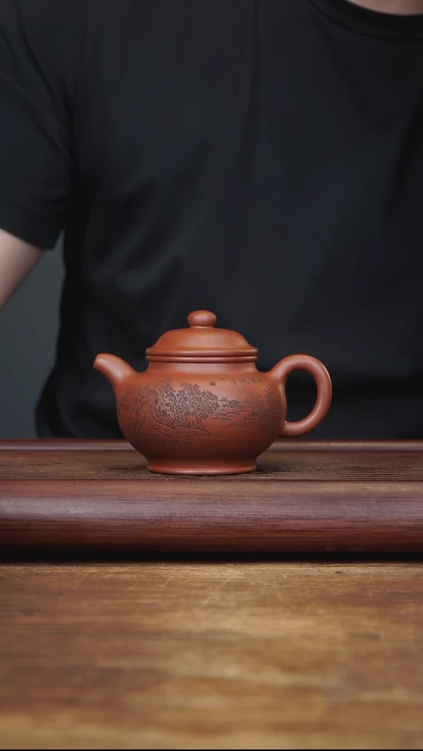 茶壶紫砂200ml 刻绘山水全手掇只 家藏清水泥