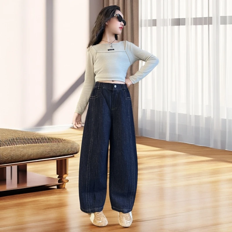 女童牛仔裤子2025新款洋气初中生百搭阔腿裤中大童秋季韩系直筒裤