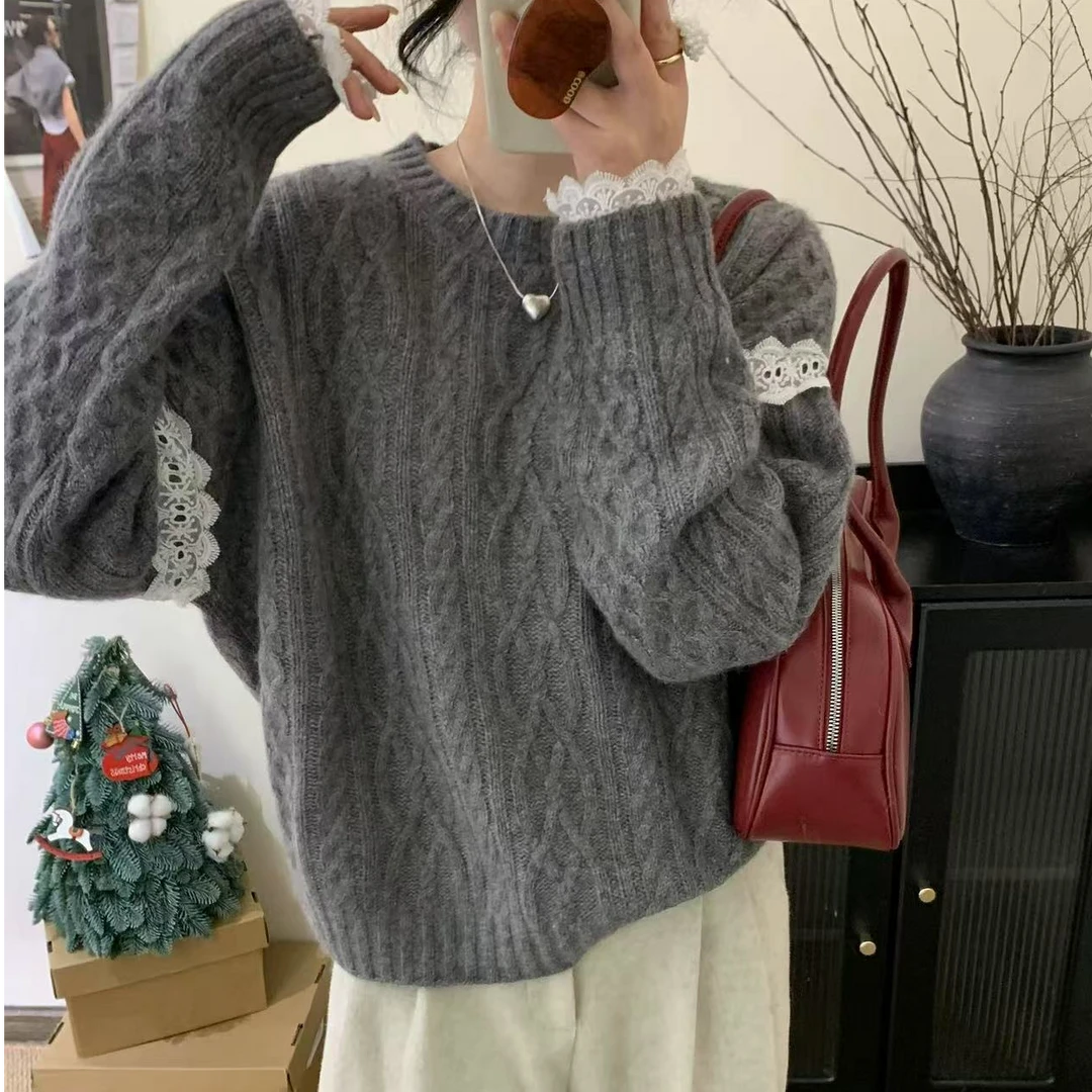 【蕾丝长袖】新款圆领宽松百搭编织麻花拼接蕾丝减龄女上衣