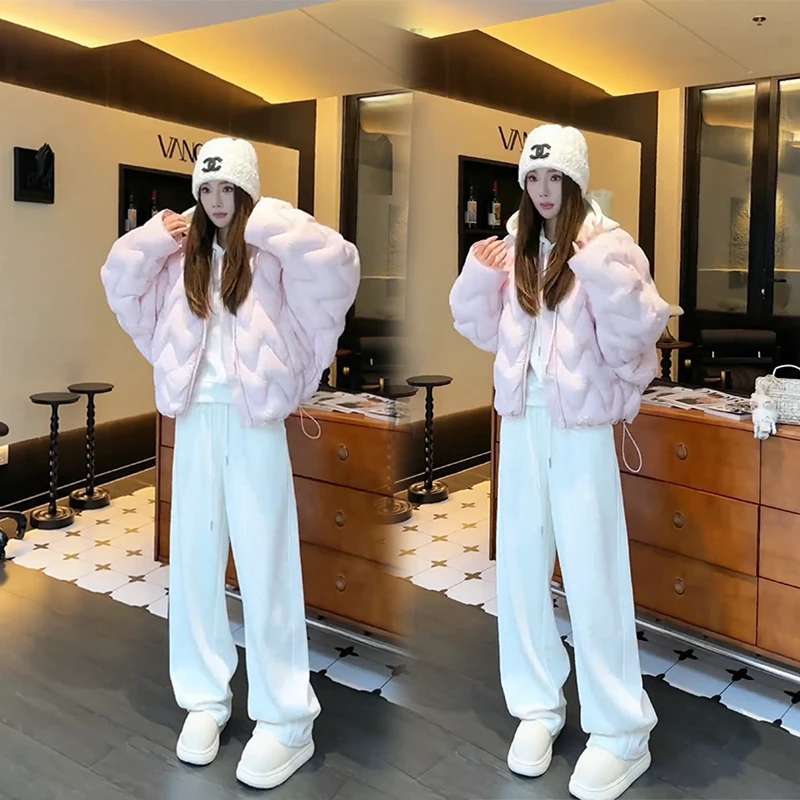 冬季韩版ins风时尚百搭粉色棉服搭配加绒加厚卫衣休闲裤三件套装