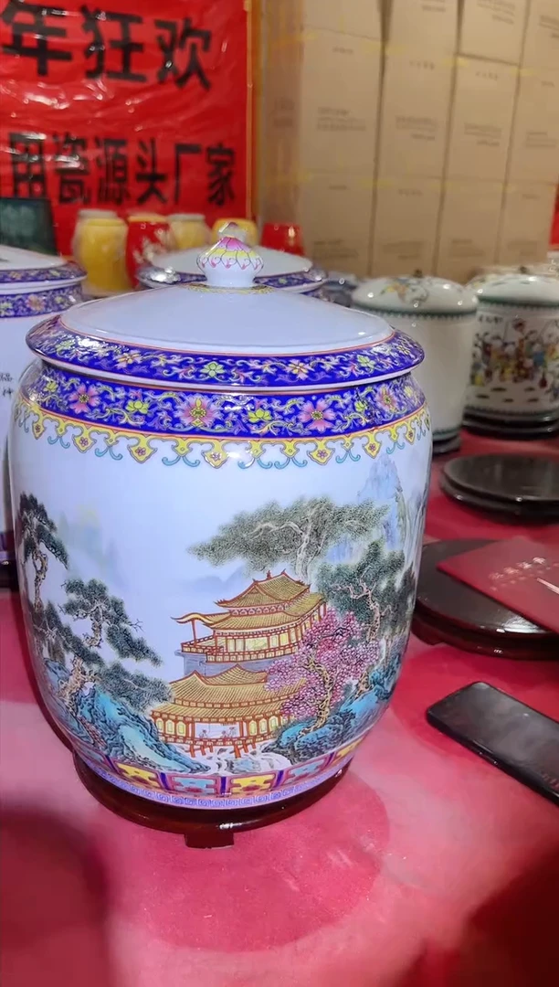 瓷片景德镇粉彩山水25斤米缸