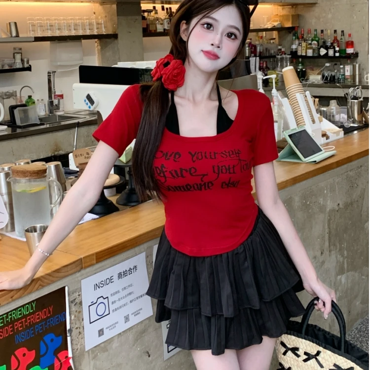 大码胖mm2025夏季印花短袖T恤高腰显瘦蛋糕裙半身裙两件套女