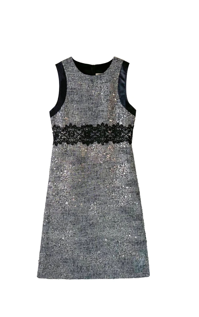 初春新款高级灰圆领无袖气质重工羊毛连衣裙D1056