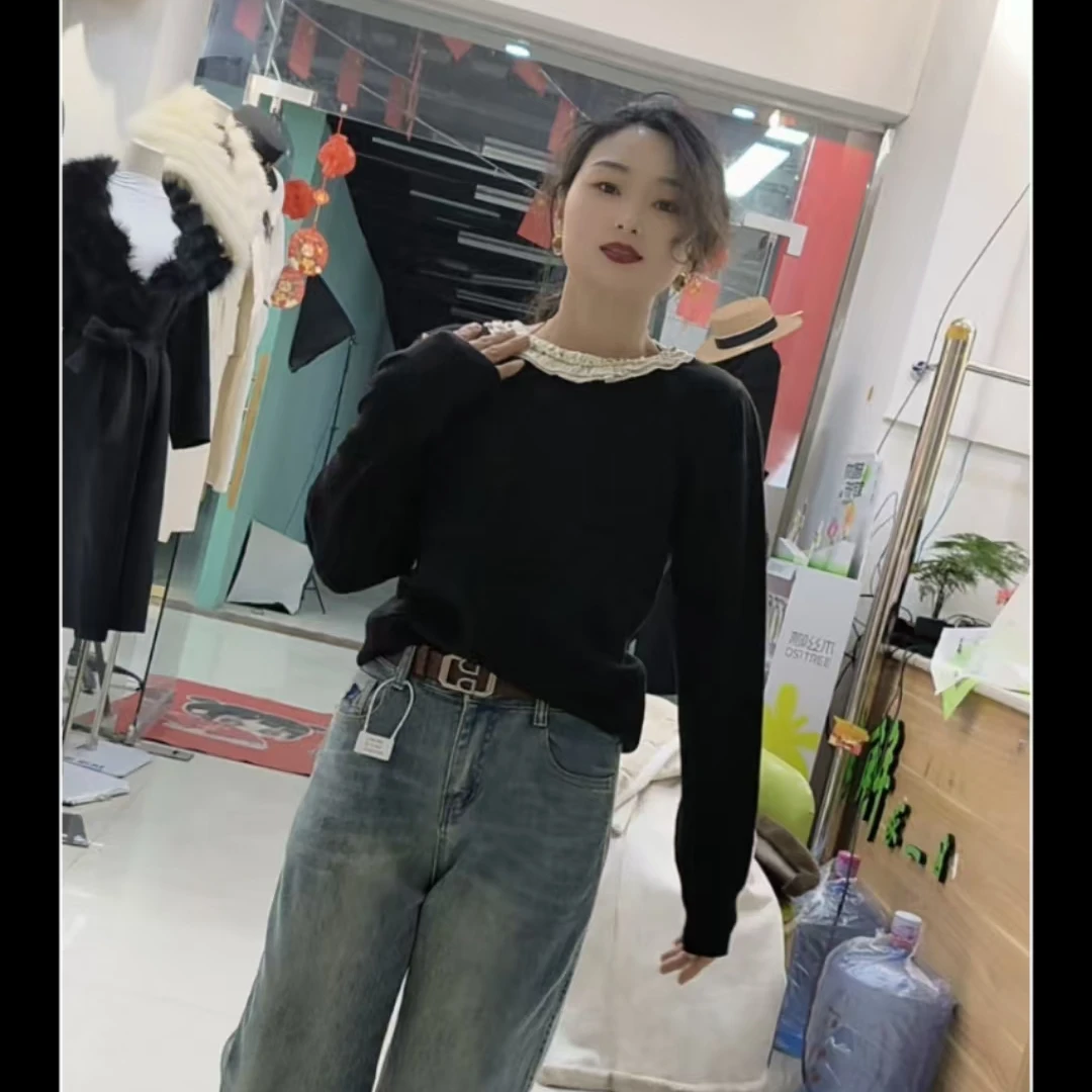5228#珍珠毛衣圆领针织蕾丝气质长袖时尚百搭套头秋冬
