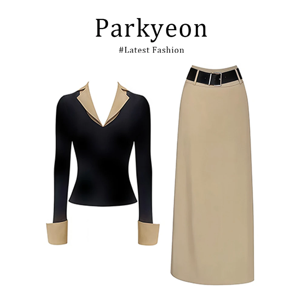 2025早秋套装黑色假两件V领套装裙两件套百搭时尚穿搭