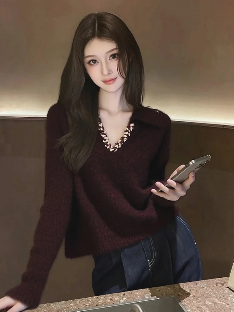 韩系氛围感酒红色v领长袖毛衣女2025秋冬新款独特漂亮针织衫上衣