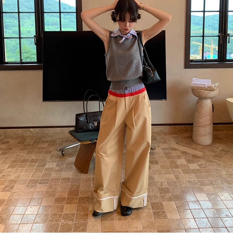 le rouge周美美 解码个性条纹卡其拼接弹力双腰头翻边休闲裤