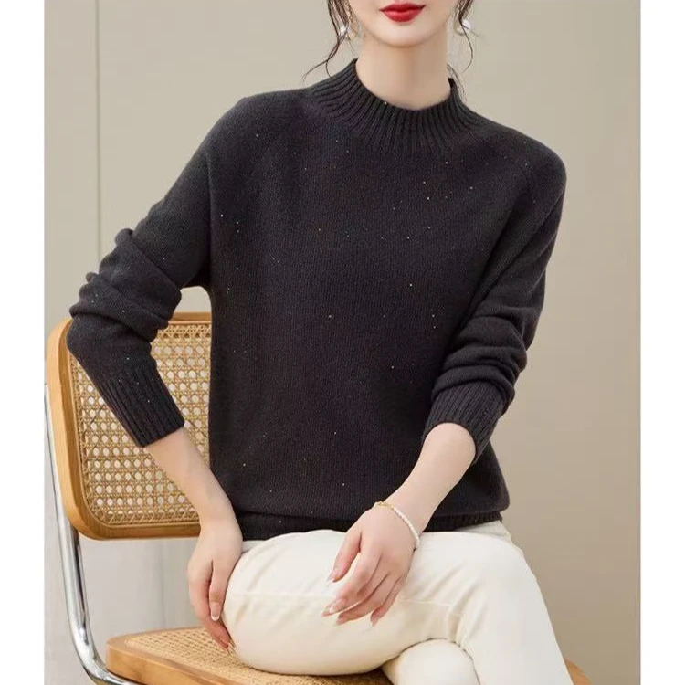 7389春秋冬新款毛针织设计感时尚百搭加厚保暖半高领宽松上衣女装