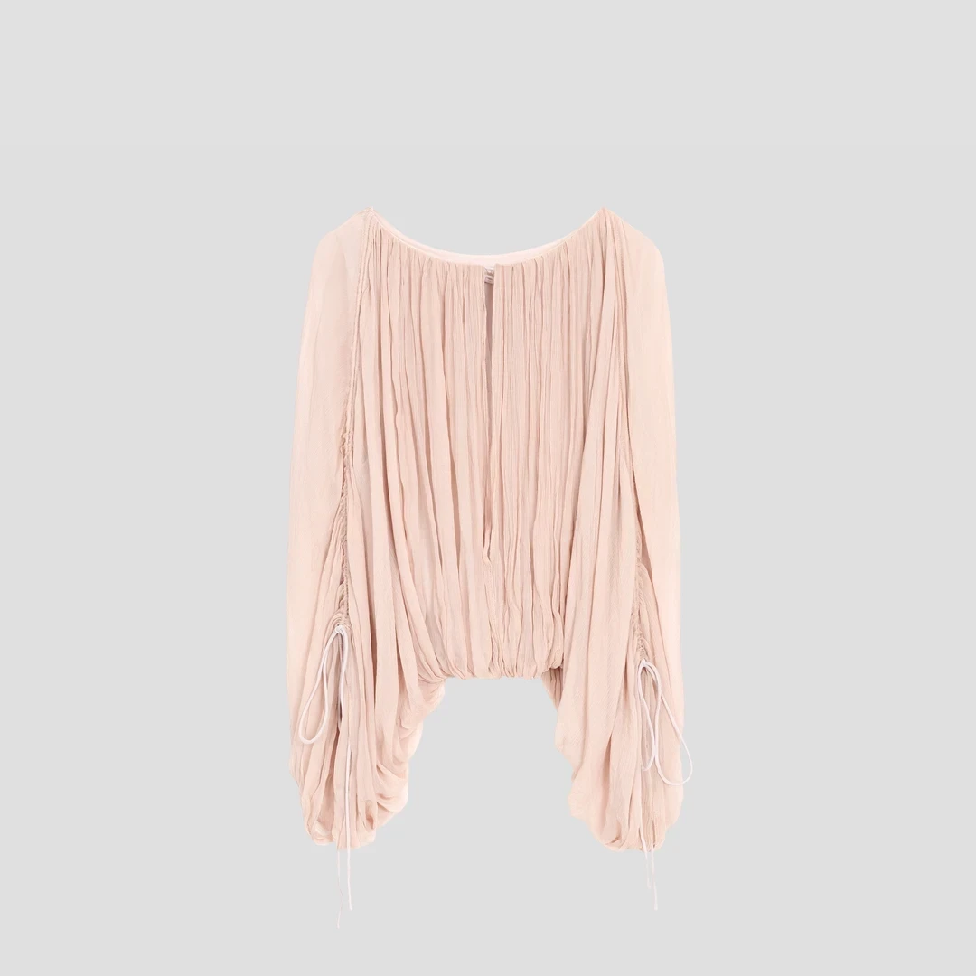 粉雾欧蕾”立体剪裁裸粉色竖条拉丝肌理感上衣ST56914