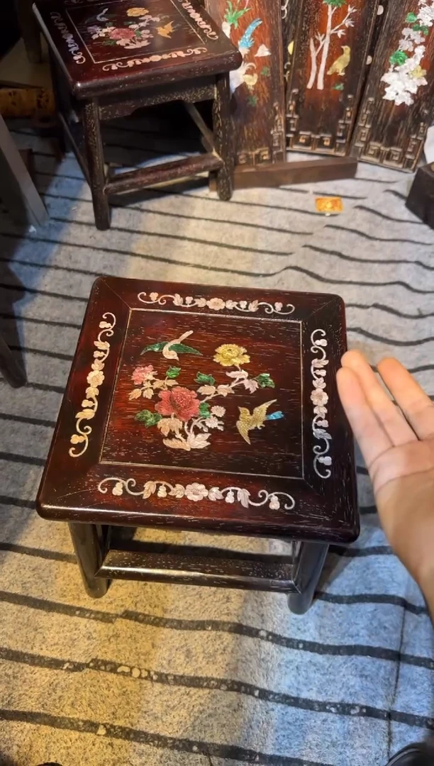 木紫檀富贵凳镶嵌彩贝花鸟花鸟
