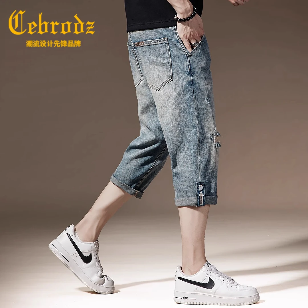 法国Cebrodz潮牌牛仔短裤男夏季薄款韩版潮牌修身直筒男士休闲中