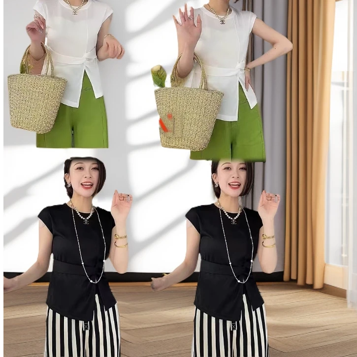 【锦衣服饰】NI 6599圆领下摆扭结开叉短袖T