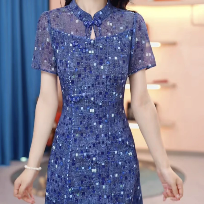 2025夏季新款时尚优雅气质蓝色印花设计修身显瘦减龄中长款连衣裙