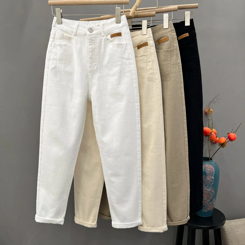 2025夏薄款透气休闲牛仔裤女新款百搭松紧腰宽松显瘦哈伦老爹裤女