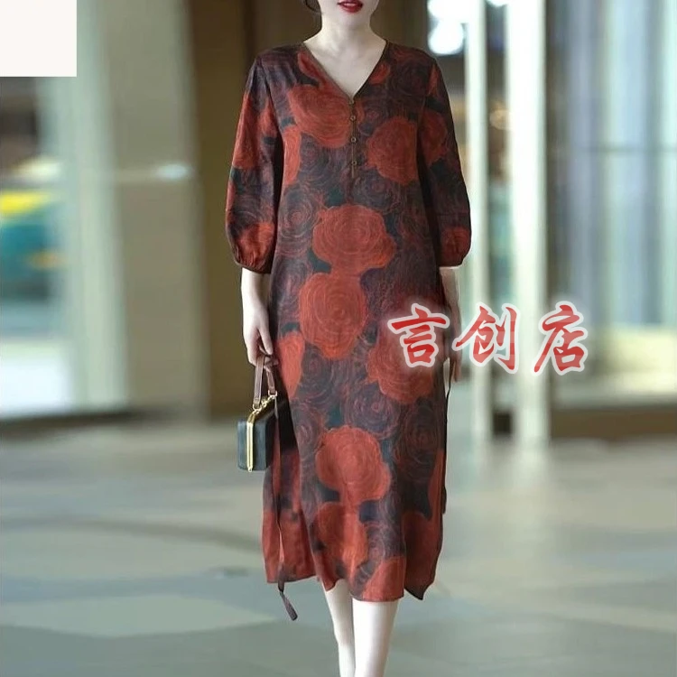 412夏季短袖大码女装文艺宽松真丝印花长款连衣裙显瘦气质复古裙