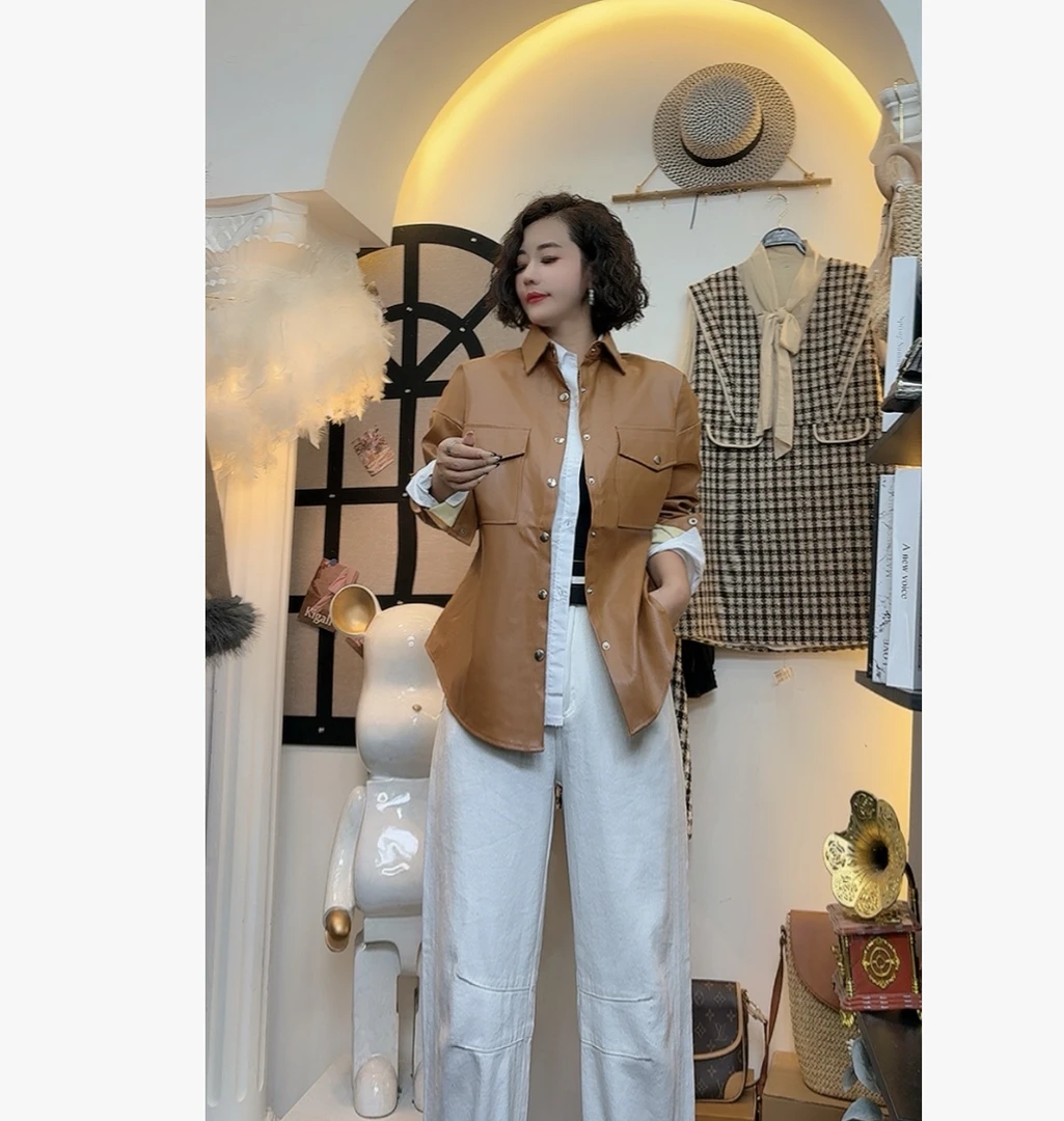 Q25 92305 新款时尚复古高级感宽松收腰单排扣皮衣外套女