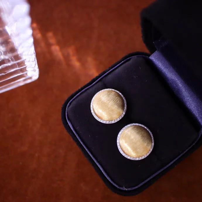 铜合金锆石耳饰 金色拉丝镶嵌排钻圆形小众设计感气质百搭复古