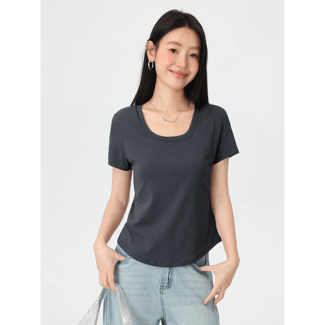 爱蔷薇大码正肩短袖基础款t恤女2025新款夏季胖mm灰色上衣GT76959