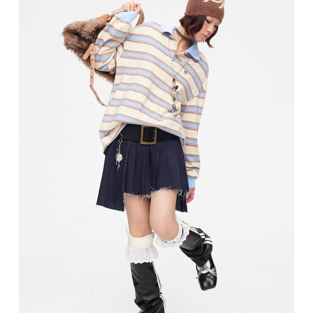 【自播】Oink oink 蓝米撞色条纹polo长袖上衣复古学院风翻领T恤女