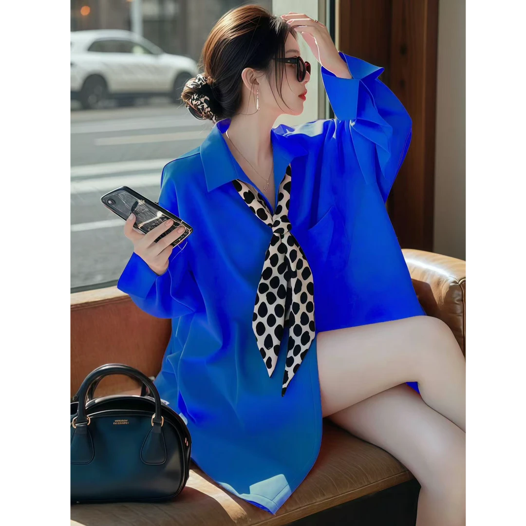 今年流行爆款洋气别致时髦设计感蓝色领结长袖衬衫女春季(送丝巾)