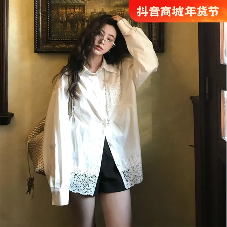 白色蕾丝拼接polo领衬衫女2025春季新款衬衣宽松慵懒风中长款上衣