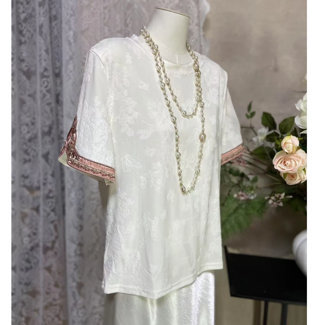 新中式国风提花刺绣短袖t恤女夏季2025新款休闲宽松体恤圆领上衣