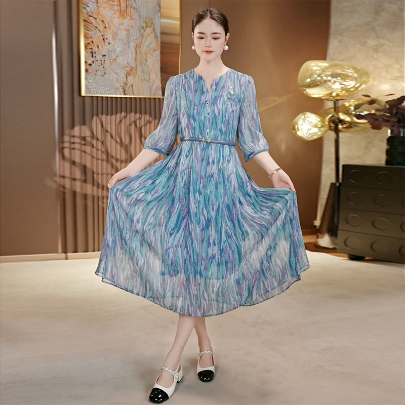 【青澜拂弦】新款碎花气质连衣裙2025加宽加大女装时尚高端印花裙子