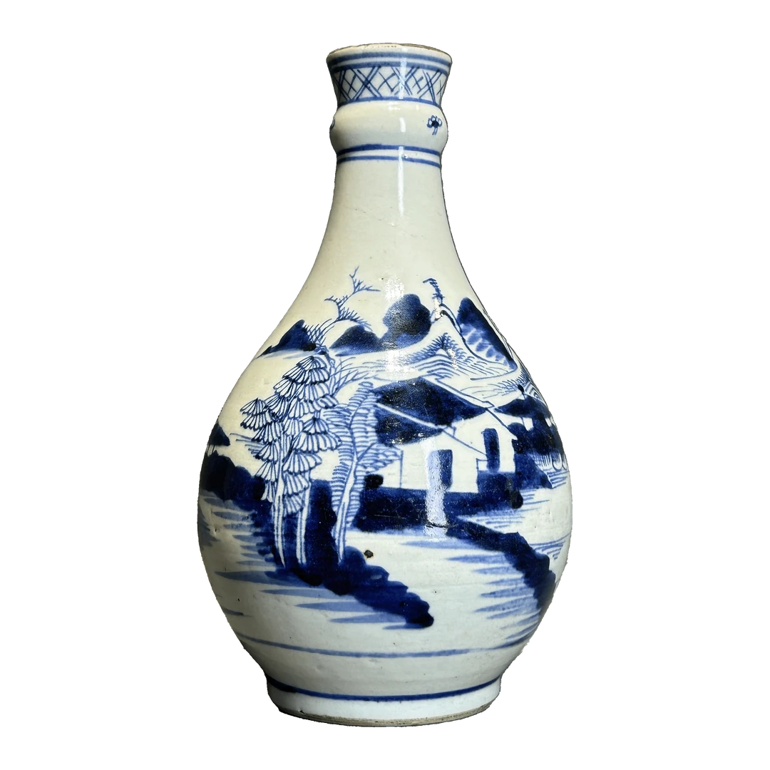25055202x青花山水纹蒜头瓶