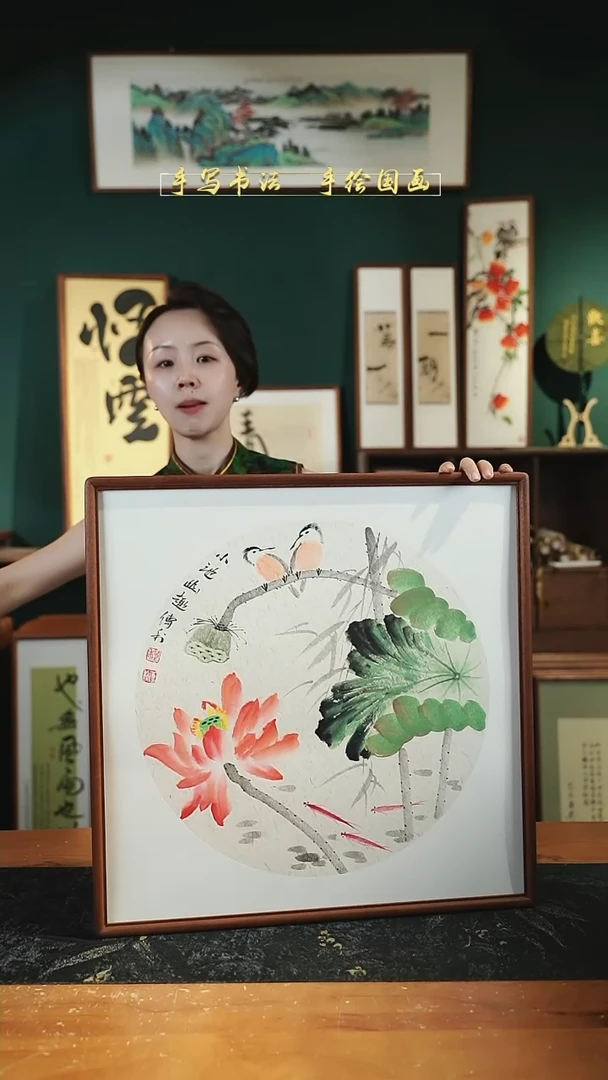 国画CL荷花-双只鸟52×52㎝手绘实木
