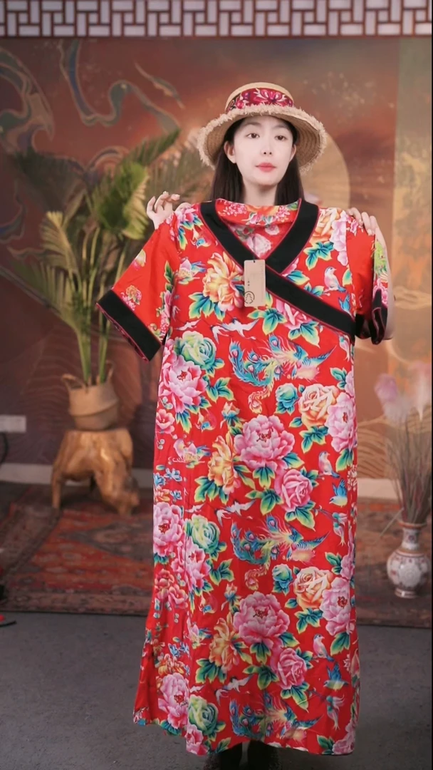 套头老牡丹花布连衣裙