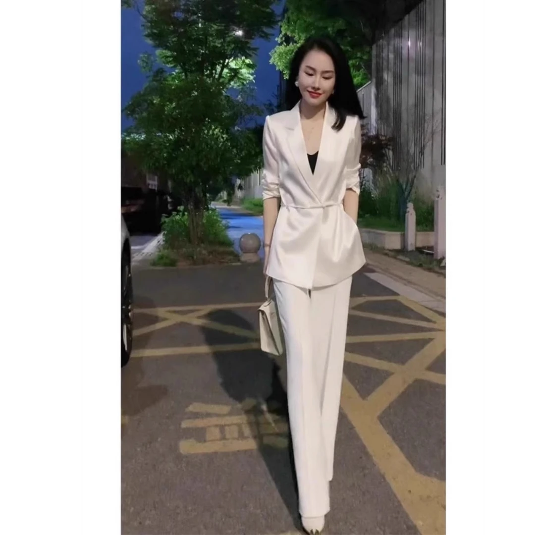 大码女神范西装套装胖mm夏季薄款高级感职业西服外套阔腿裤两件套