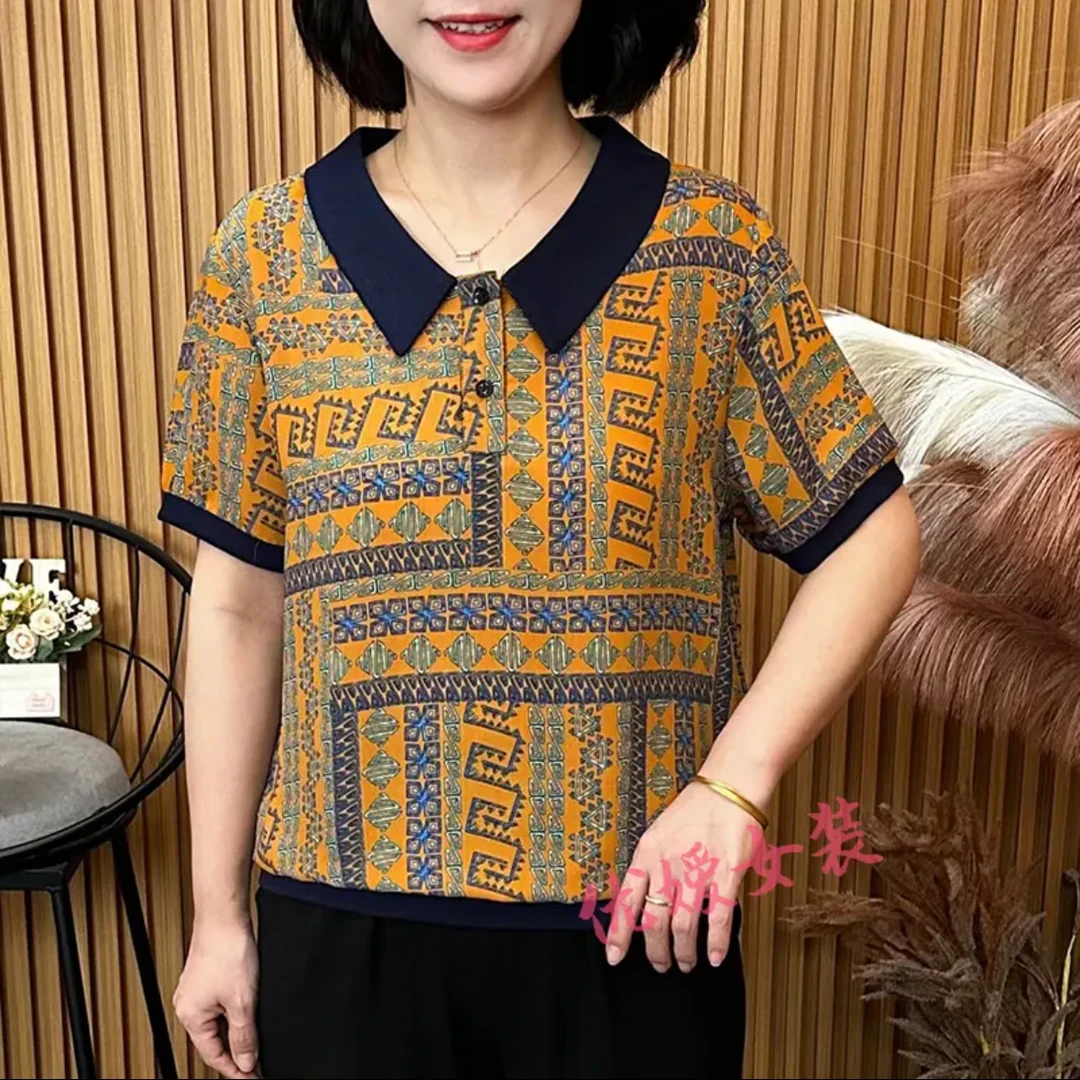 夏季新款时尚洋气短袖T恤宽松显瘦减龄休闲百搭上衣撞色妈妈小衫