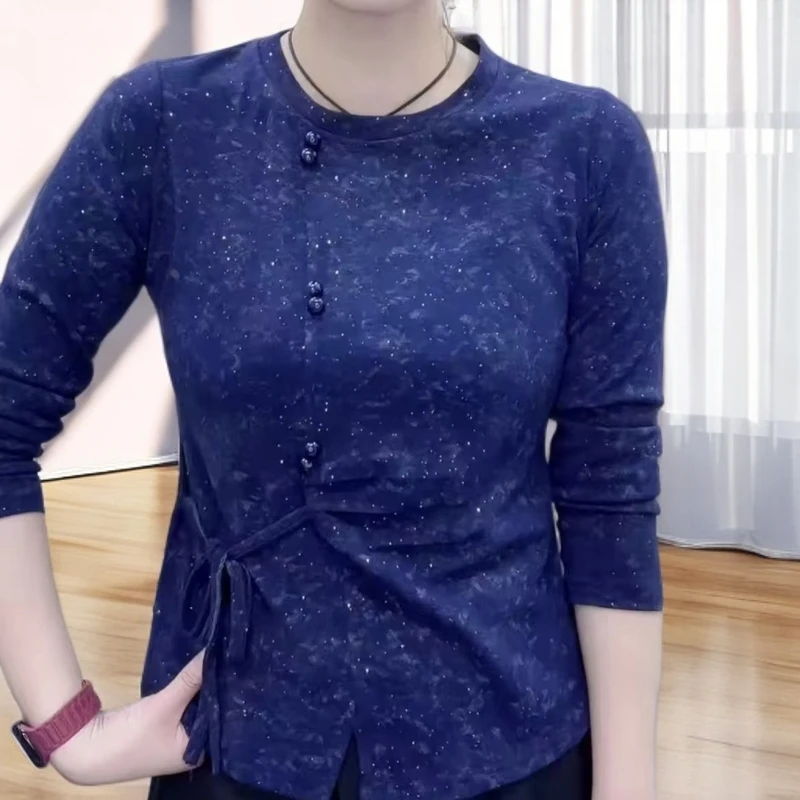 秋季新款时尚圆领长袖小衫女系带不规则T恤女洋气妈妈装褶皱上衣