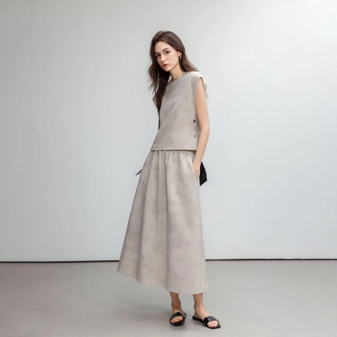 德玛纳松弛感晕染印花套装女25夏季新款圆领上衣松紧腰半裙两件套