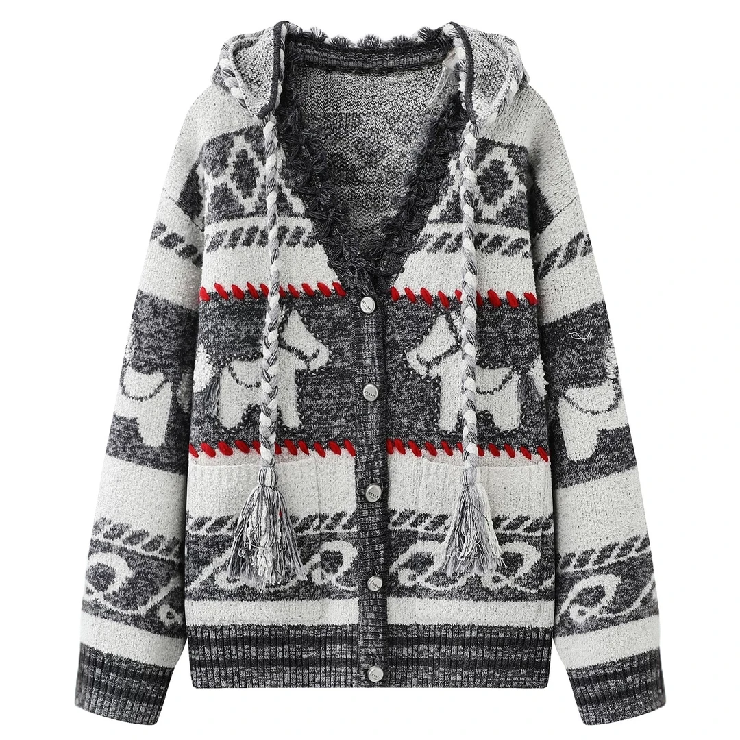 【卡通提花】2026春季新款卡通提花流苏V领连帽毛衣外套女3177