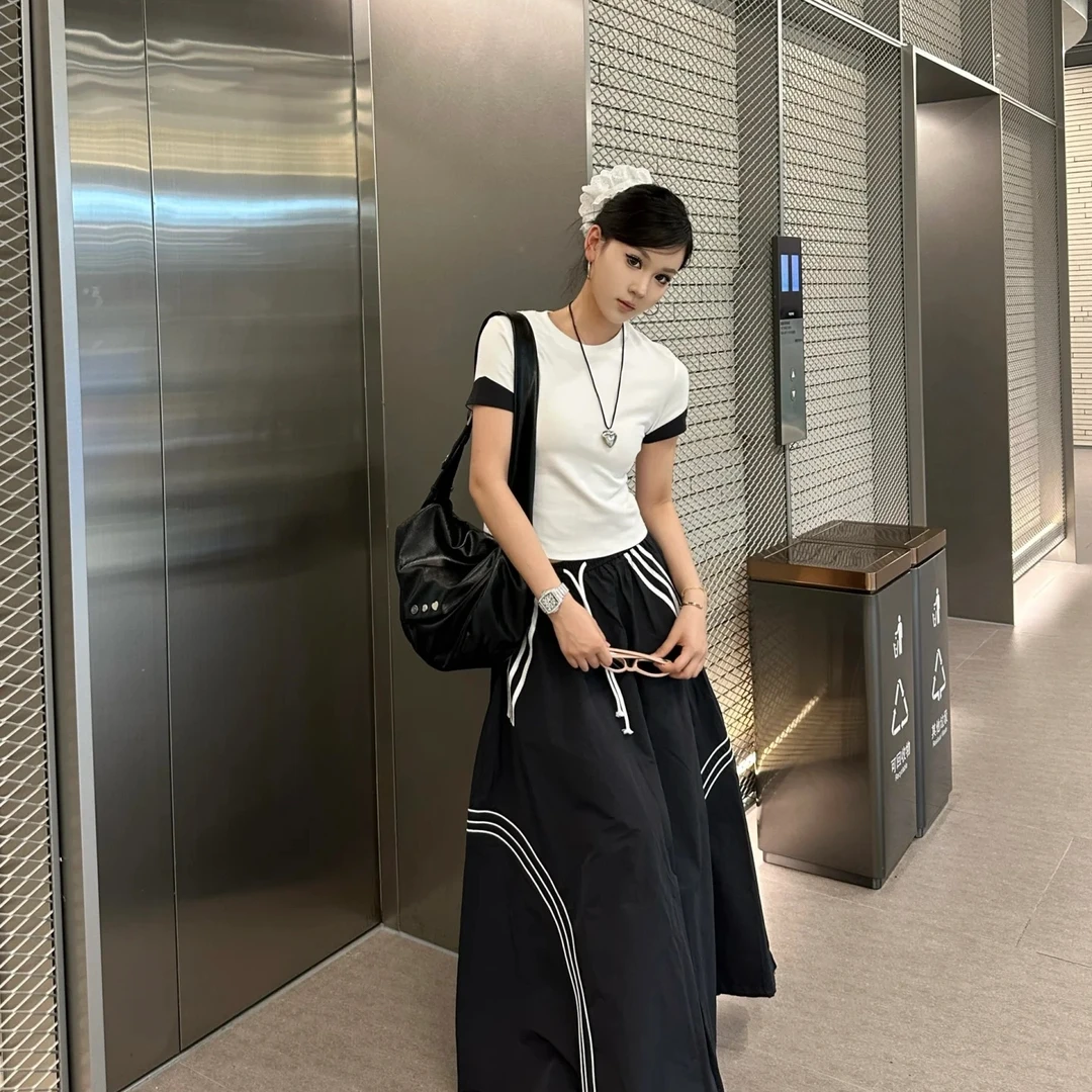 酷感黑白拼接时尚短袖T恤+小众设计感半身裙子夏季套装女 显瘦高