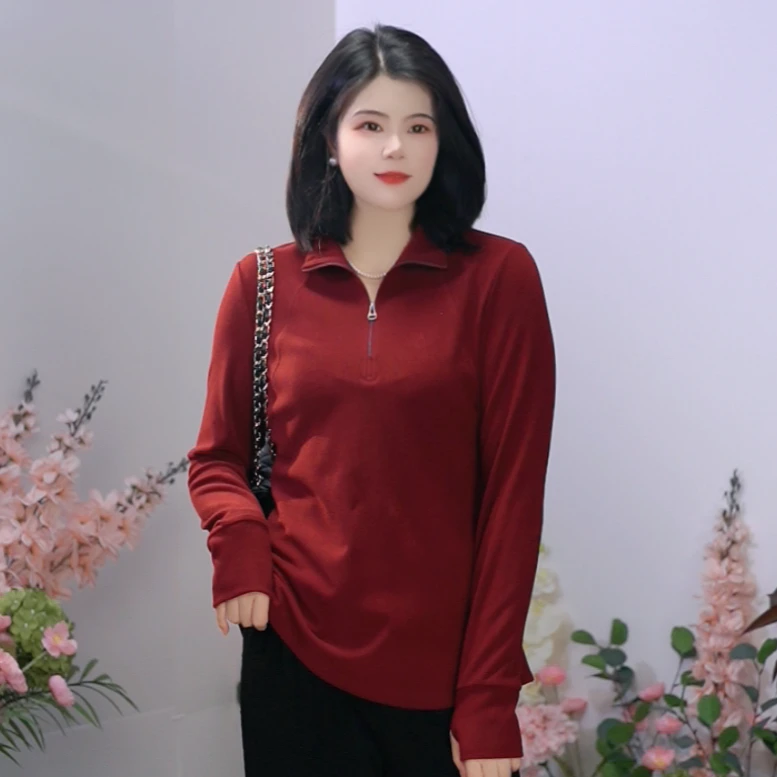 司缪【W6100】轻奢大码女装休闲遮肉小衫半拉链立领T恤百搭上衣