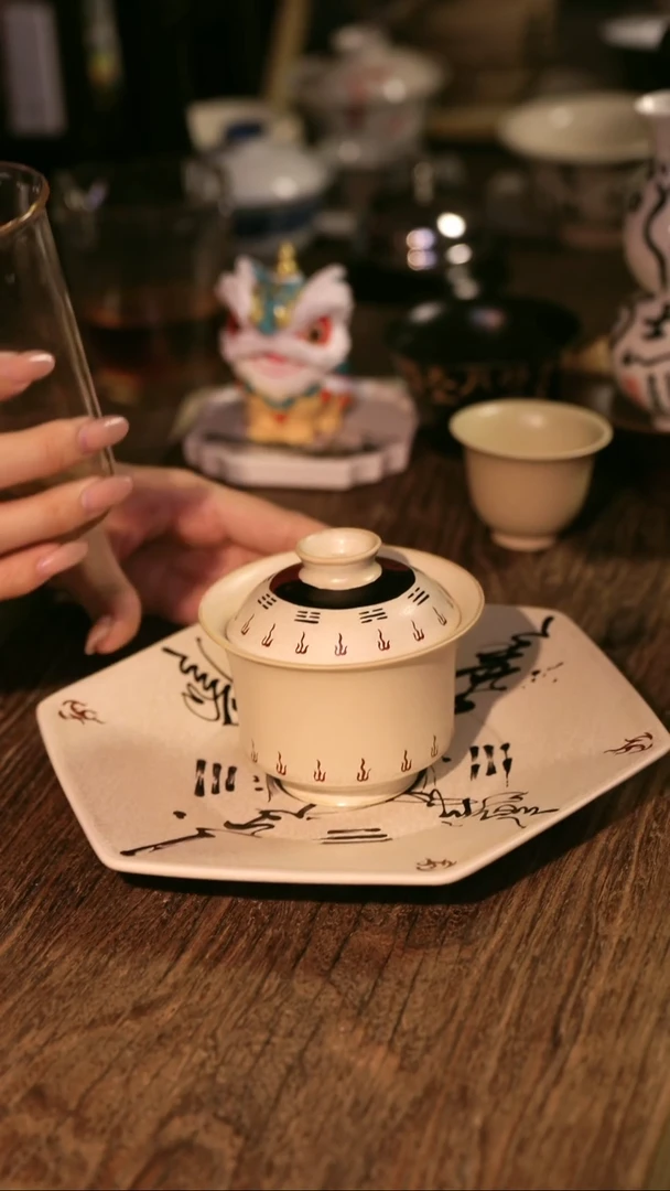 【八卦套装】原创手绘手工双才盖碗壶承