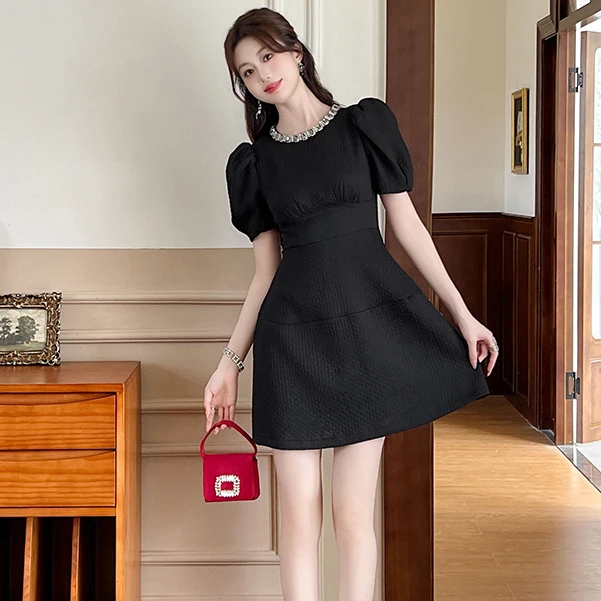 【时时原创】气质复古简约时尚赫本风法式名媛收腰显瘦连衣裙21268