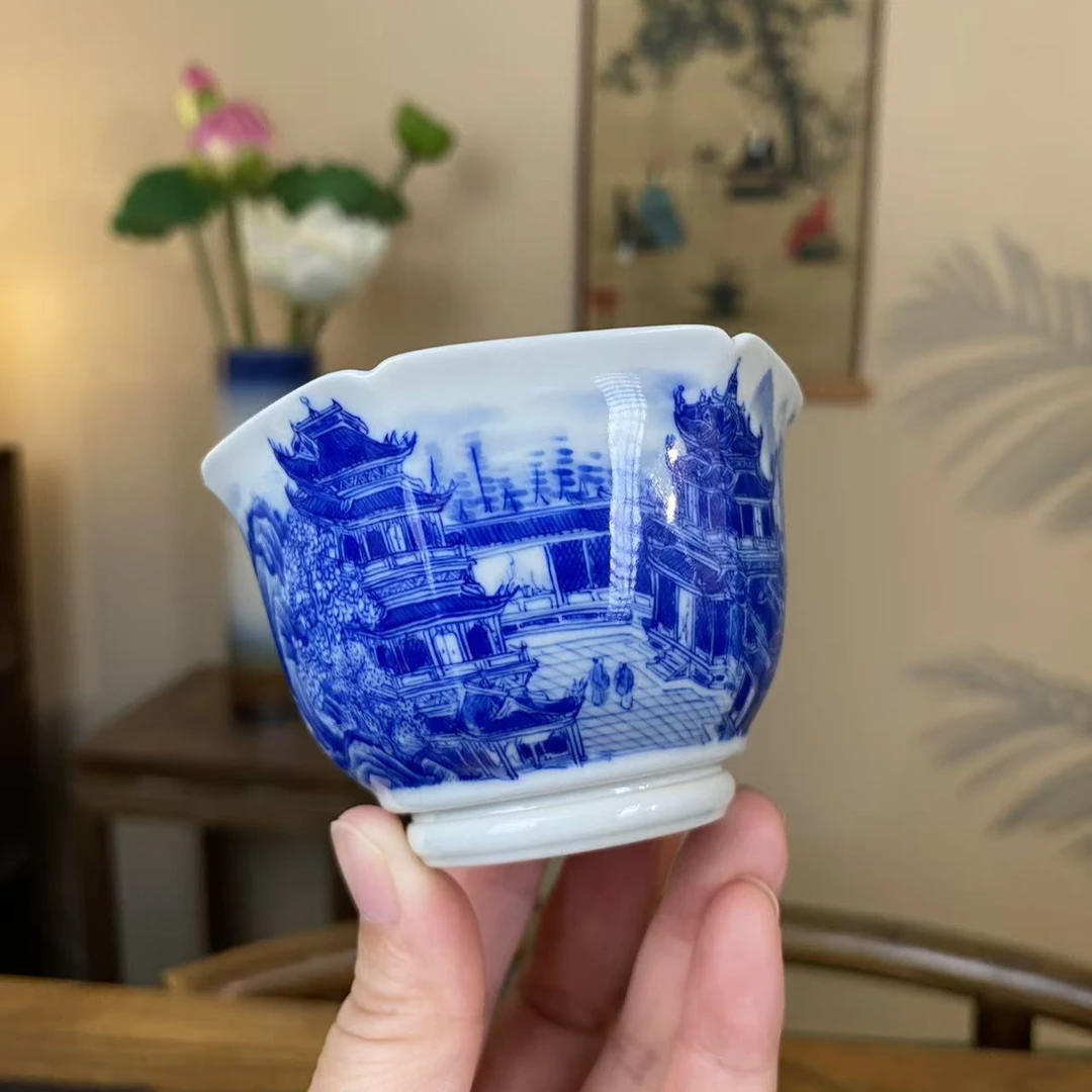 【九茗珍藏】亭台楼阁六方杯 景德镇纯手工手绘茶器茶具
