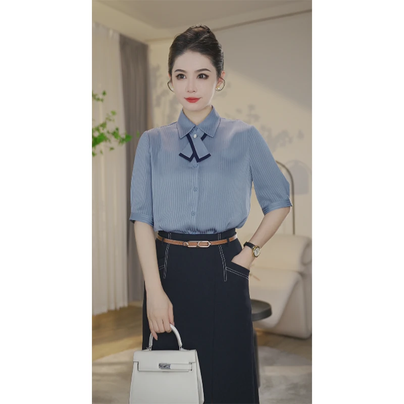 【夏日清仓】流光风8592973灰蓝色衬衫女气质时尚小众法式夏季衬衣