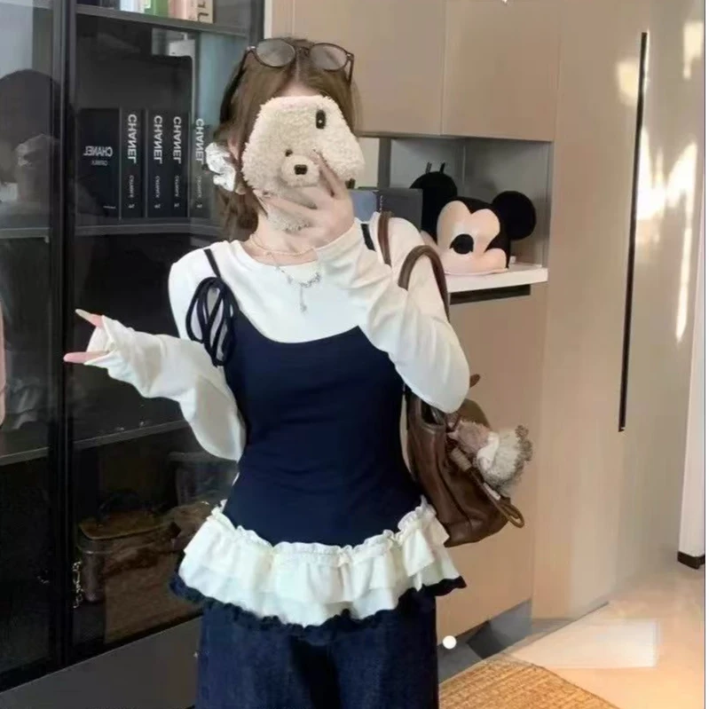 甜美辣妹风打底上衣拼接假两件显瘦气质长袖时尚设计感减龄小众